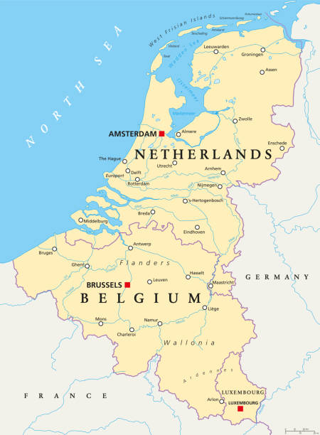 Benelux. Belgium, Netherlands and Luxembourg, political map Benelux. Belgium, Netherlands and Luxembourg. Political map with capitals, borders and important cities. Benelux Union, a geographic, economic, cultural group. English labeling. Illustration. Vector. netherlands stock illustrations