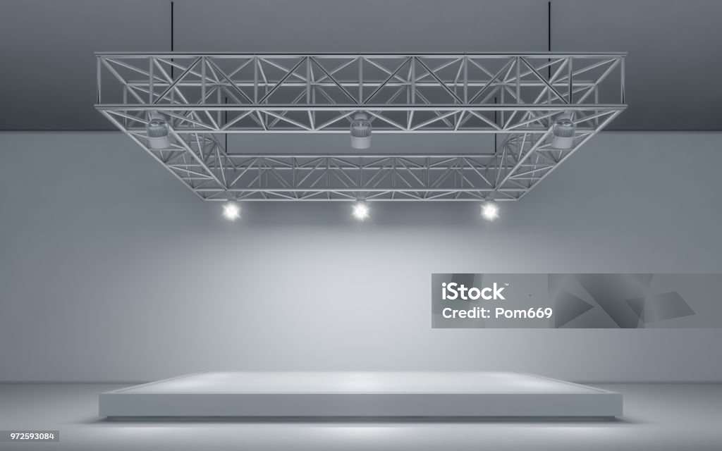 Spotlight and stage Spotlight background and lamp with stage. 3d renderingSpotlight background and lamp with stage. 3d rendering Platform Shoe stock illustration