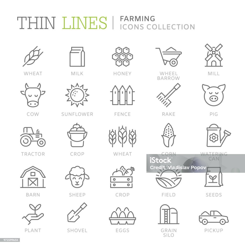 Collezione di icone di linea sottile agricola - arte vettoriale royalty-free di Icona