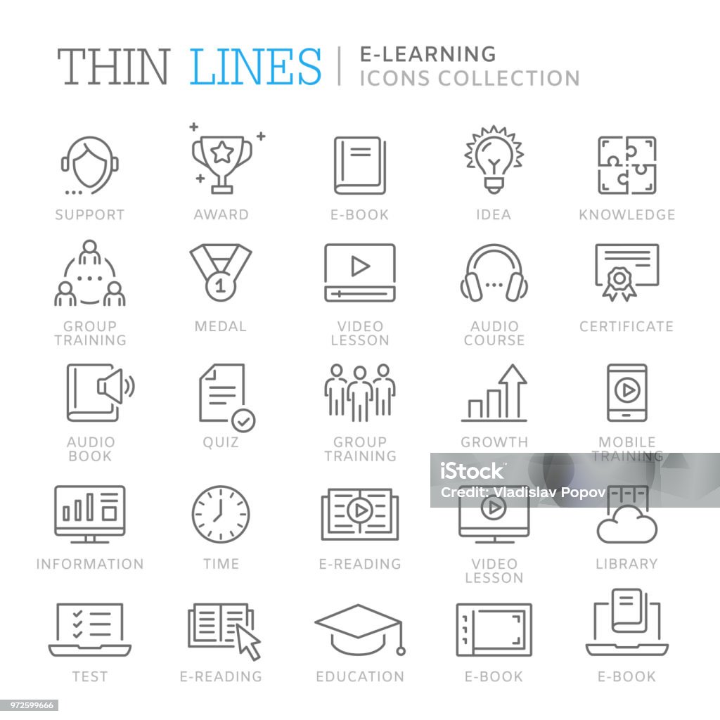 Collection of e-learning thin line icons Collection of e-learning thin line icons. Vetor eps 8 Icon Symbol stock vector