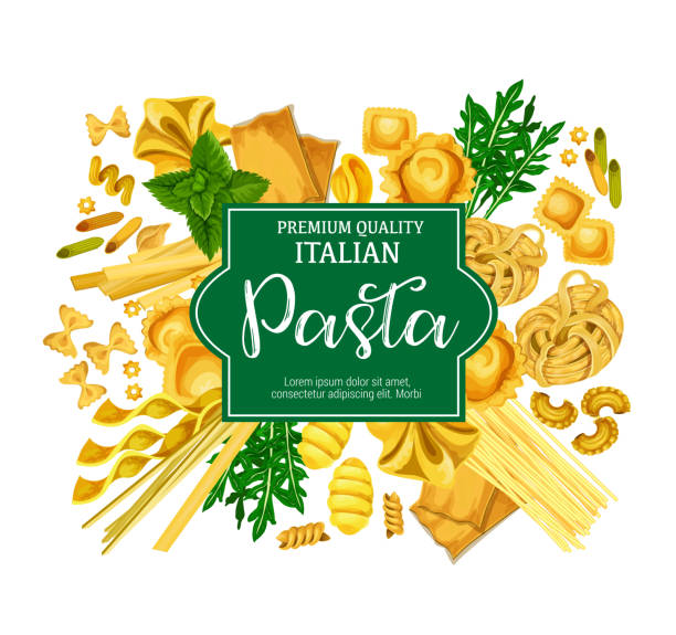 illustrazioni stock, clip art, cartoni animati e icone di tendenza di poster di pasta italiana con cibo maccheroni ed erbe - spaghetti crudi