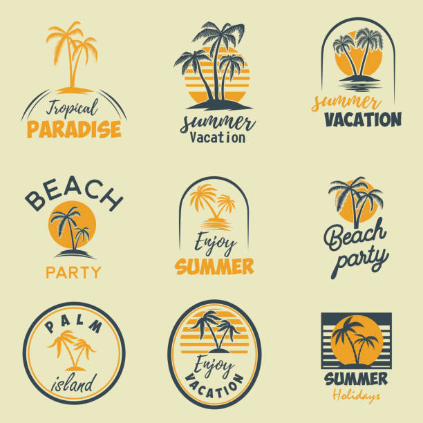 Set of summer emblems and design elements. Design element for  label, poster, print, card, banner, sign. Set of summer emblems and design elements. Design element for  label, poster, print, card, banner, sign. Vector image inviting stock illustrations