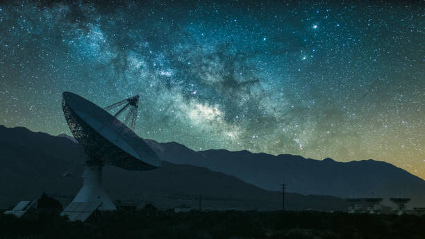 Radio telescope against rising Milky Way Radio telescope against rising Milky Way radio telescope stock pictures, royalty-free photos & images