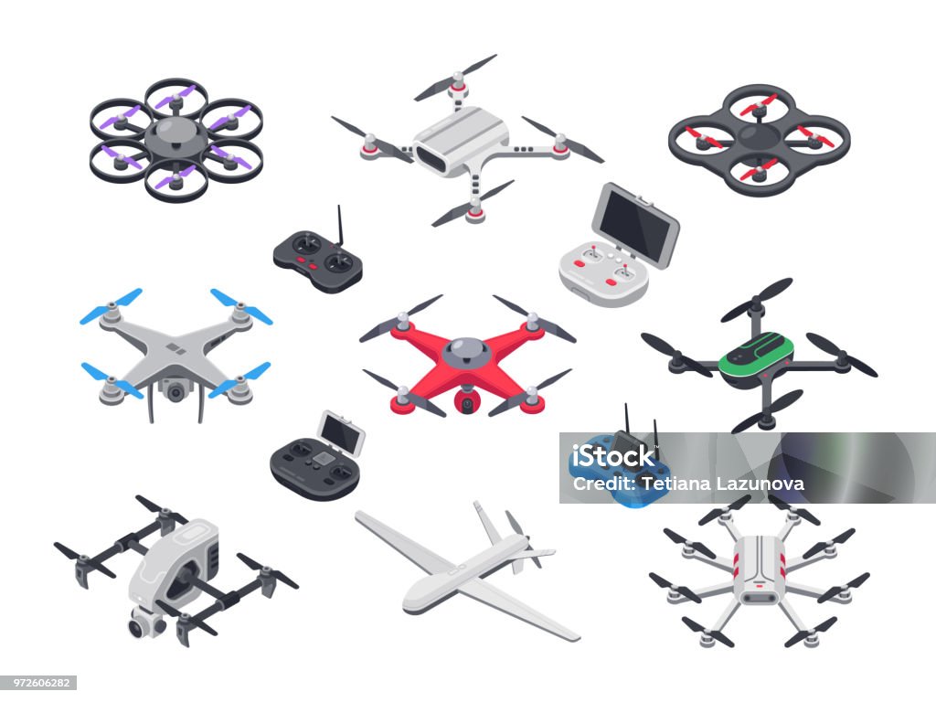 Unmanned aircraft, delivery drone with propellers, camera and computer controller. Drones and controllers isolated vector isometric set Unmanned aircraft, delivery drone with propellers, camera and computer controller. Gray red blue green military electronics drones and vehicle controllers 3d realistic isolated vector isometric set Drone stock vector