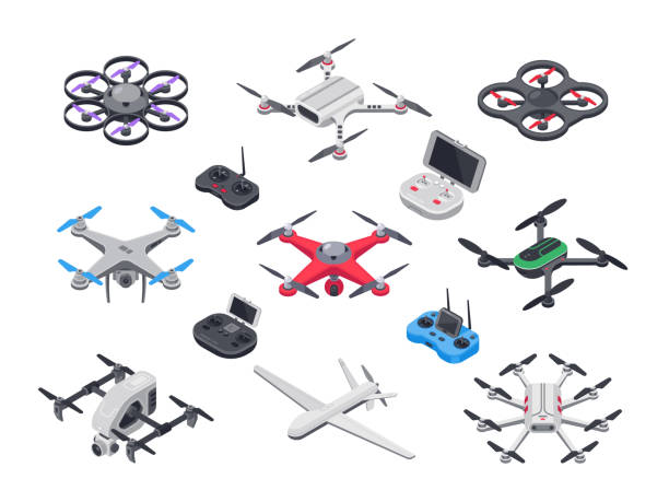 Unmanned aircraft, delivery drone with propellers, camera and computer controller. Drones and controllers isolated vector isometric set Unmanned aircraft, delivery drone with propellers, camera and computer controller. Gray red blue green military electronics drones and vehicle controllers 3d realistic isolated vector isometric set robot clipart stock illustrations