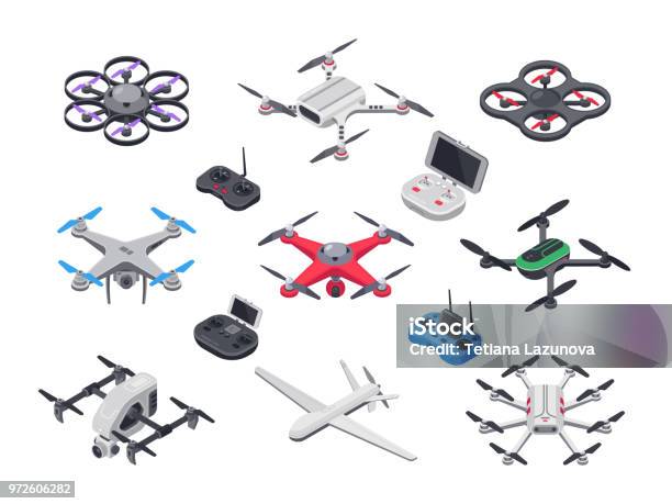 Unmanned Aircraft Delivery Drone With Propellers Camera And Computer Controller Drones And Controllers Isolated Vector Isometric Set Stock Illustration - Download Image Now