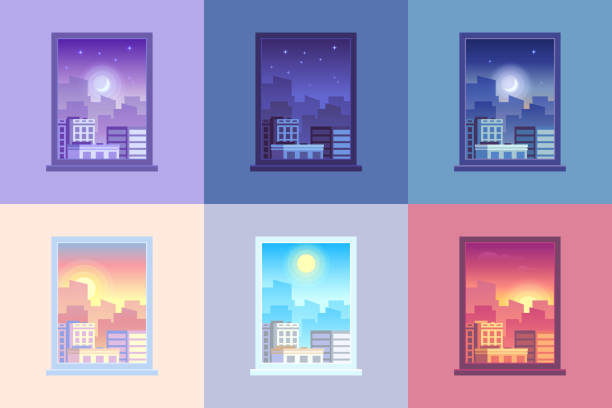 Window day time view. Sunrise and sun dawn morning noon and sunset dusk day and night stars at city house windows cartoon vector concept Window day time view. Sunrise sun dawn morning noon sunset dusk afternoon day and night stars at city house windows apartment colorful purple orange blue pink cartoon vector concept illustration morning afternoon night stock illustrations