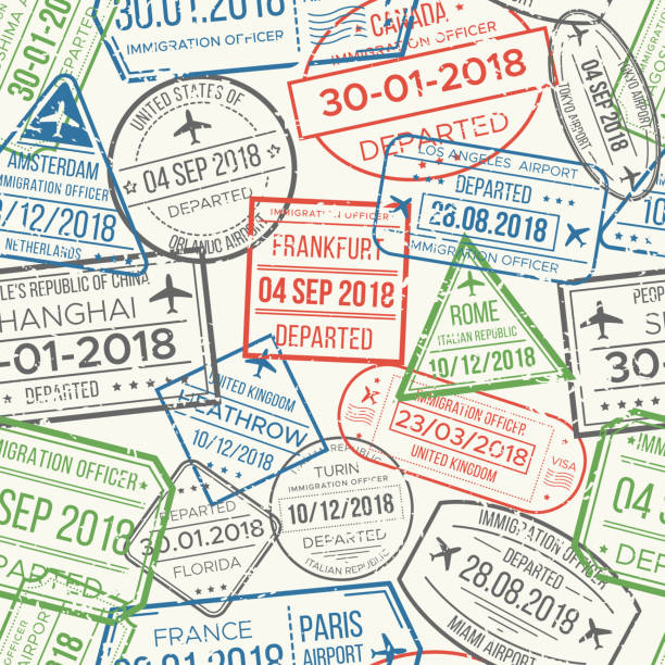 Travel visa airport stamps seamless pattern. Traveling document, vise or passport rubber stamp patterns vector background Travel visa airport stamps seamless pattern. Traveling document, vise to UK China France Canada or grunge passport rubber stamp colorful red green gray blue patterns vector background collection journey borders stock illustrations