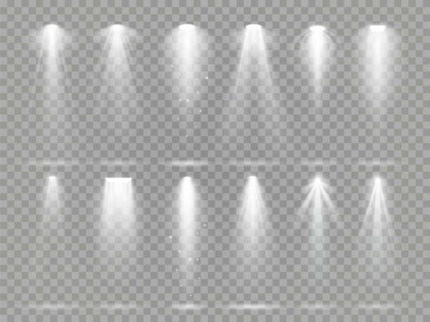 ilustraciones, imágenes clip art, dibujos animados e iconos de stock de proyector de iluminación brillante vigas en el escenario del teatro. los rayos de los focos de estudio, blanco luz del proyector y proyector de luces vector set - stage light stage stage theater light