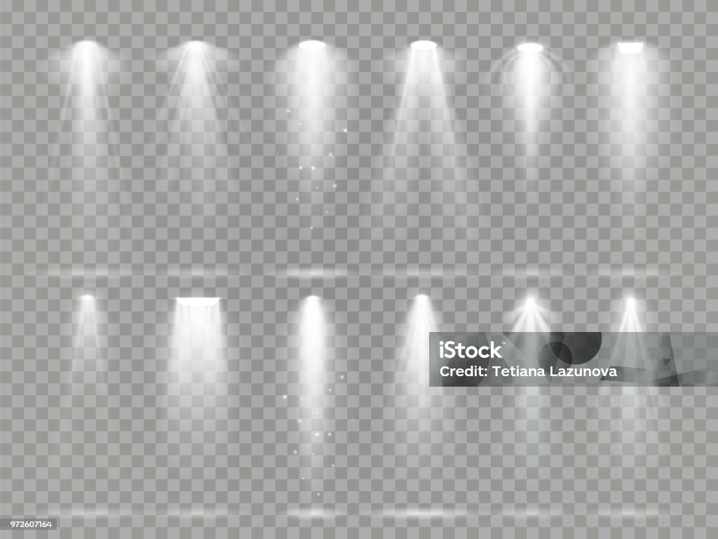 Bright lighting projector beams on theater stage. Rays of studio floodlights, white spotlight light and floodlight lights vector set Bright lighting projector beams on theater stage. Rays of studio floodlights, white spotlight light and floodlight lights inside theater studio vector set collection on checkered background Spotlight stock vector