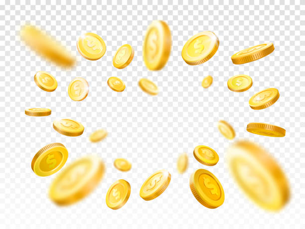 Shiny realistic gold coins explosion. Casino golden coin, falling money vector illustration concept Shiny realistic gold coins explosion. Casino golden coin, shiny falling money jackpot or finance savings 3d cash vector illustration realistic concept isolated on white checkered background gold bitcoin stock illustrations