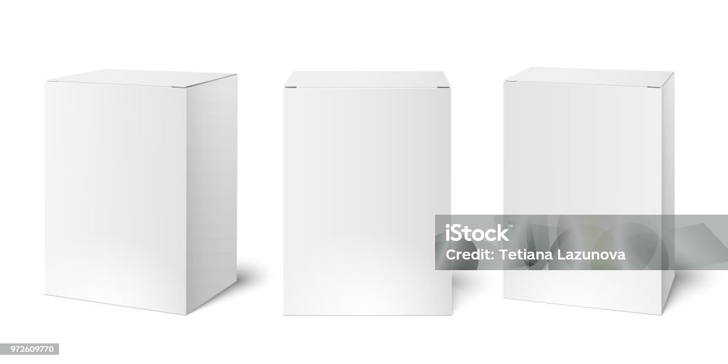 White blank cardboard package boxes mockup. Medicament 3d realistic box packaging vector illustration template White blank cardboard package boxes mockup. Medicament 3d realistic square medicine box packaging vector illustration template isolated set on empty background Box - Container stock vector