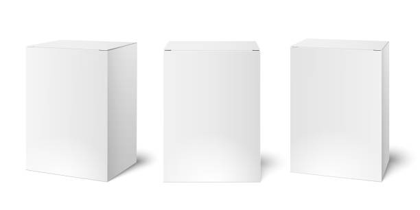 White blank cardboard package boxes mockup. Medicament 3d realistic box packaging vector illustration template White blank cardboard package boxes mockup. Medicament 3d realistic square medicine box packaging vector illustration template isolated set on empty background stock cubes stock illustrations