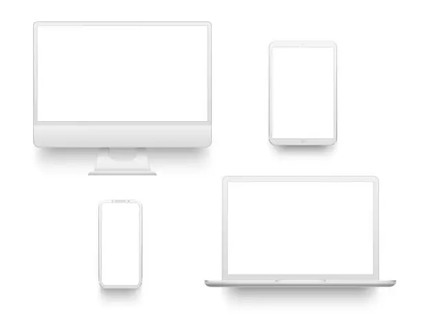 Vector illustration of White desktop computer display screen smartphone tablet portable notebook or laptop. Mockup electronics devices vector set