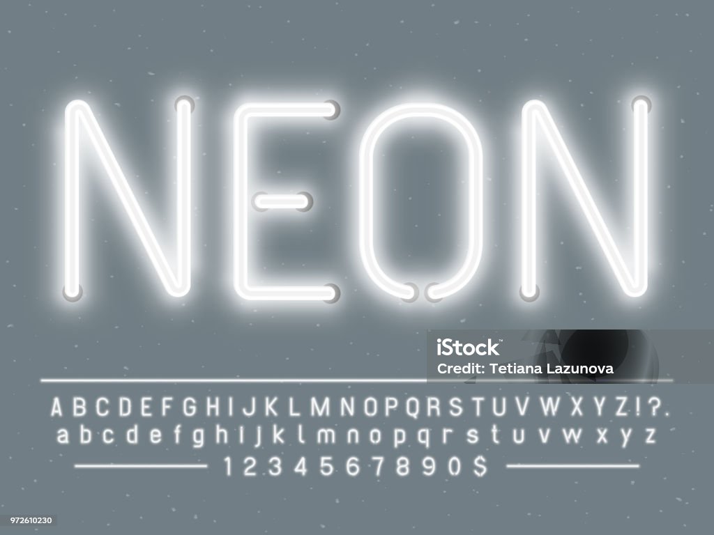 Hell leuchtende weiße Neon Zeichen Zeichen. Vektorschrift mit Buchstaben und Zahlen Glühlampen Leuchten - Lizenzfrei Neon Vektorgrafik