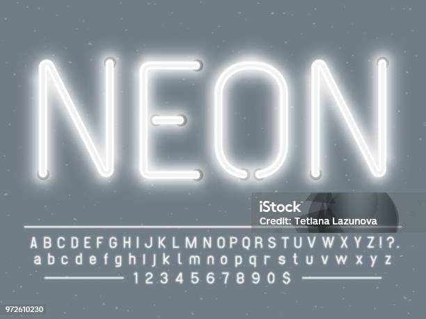 Hell Leuchtende Weiße Neon Zeichen Zeichen Vektorschrift Mit Buchstaben Und Zahlen Glühlampen Leuchten Stock Vektor Art und mehr Bilder von Neon