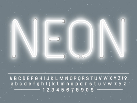 Bright glowing white neon sign characters. Vector font with simple glow realistic light effects alphabet text letters and numbers lamps template on gray background