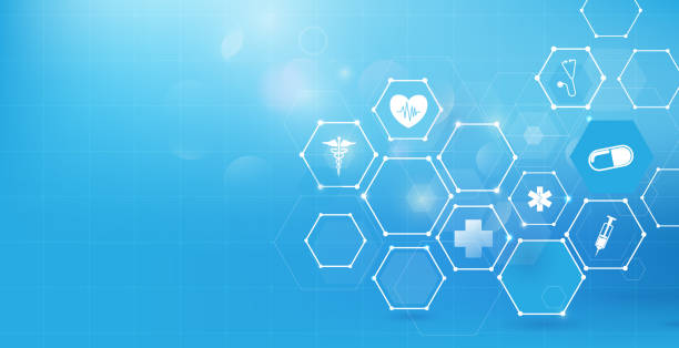 ilustraciones, imágenes clip art, dibujos animados e iconos de stock de medicina y ciencia abstracta digital hola hexágonos de tecnología sobre fondo azul - hexagon backgrounds technology abstract