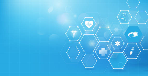 медицина и наука с абстрактными цифровыми высокотехнологичными шестиугольниками на синем фоне - медицинские stock illustrations