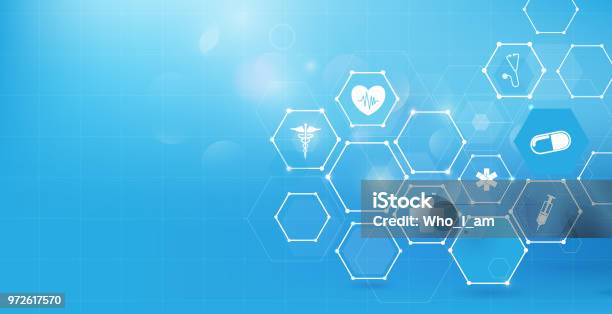 Medicine And Science With Abstract Digital Hi Tech Hexagons On Blue Background Stock Illustration - Download Image Now
