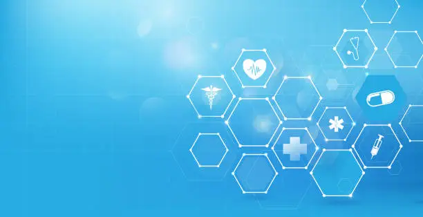Vector illustration of Medicine and science with abstract digital hi tech hexagons on blue background