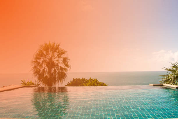 istock Swimming pool looking at blue sea view and blue sky background 972620892