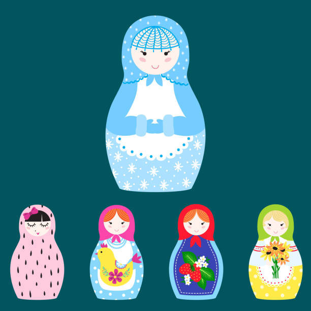 illustrations, cliparts, dessins animés et icônes de matryoshka vecteur russe nidification poupée jouet traditionnel jacquard figure d’ornement à la main avec illustration de souvenir la femme enfant visage et baboushka - figurine russian nesting doll russia russian culture