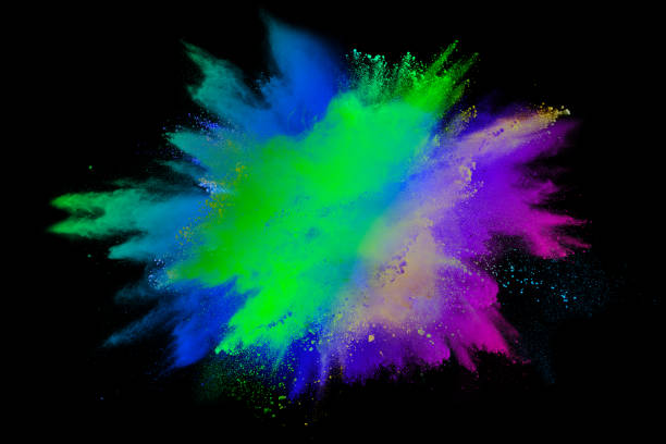 istock Multi color powder explosion isolated on black background. Colored dust splash cloud on black background. Launched colorful particles on background. Painted Holi. 972627018
