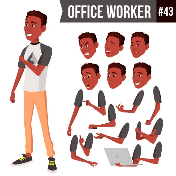 Vector illustration of Office Worker Vector. Face Emotions, African, Black. Various Gestures. Animation Creation Set. Business Person. Career. Modern Employee, Workman, Laborer. Isolated Flat Cartoon Character Illustration