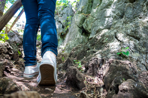 istock woman's feet walking in nature trail 972655368