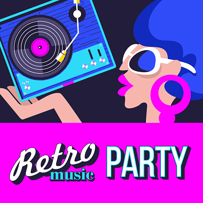 Retro disco party. A colorful poster, a poster in a retro style. Beautiful girl in sunglasses holding vinyl record.