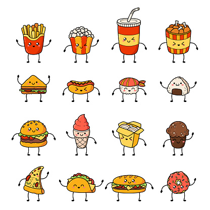 Set of vector cartoon doodle icons junk food. Illustration of comic fast food.