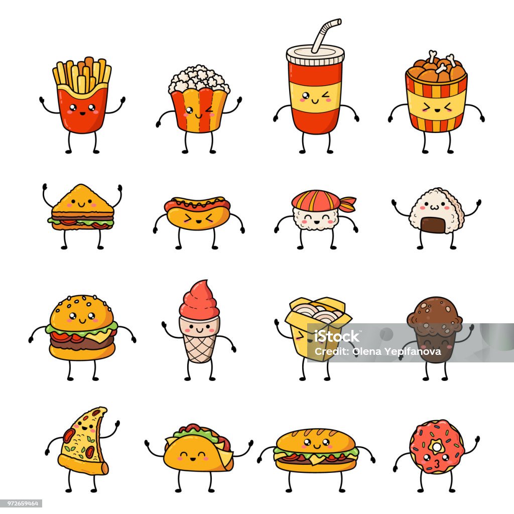 Set of vector cartoon doodle icons junk food. Illustration of comic fast food. Patch, badge Set of vector cartoon doodle icons junk food. Illustration of comic fast food. Food stock vector