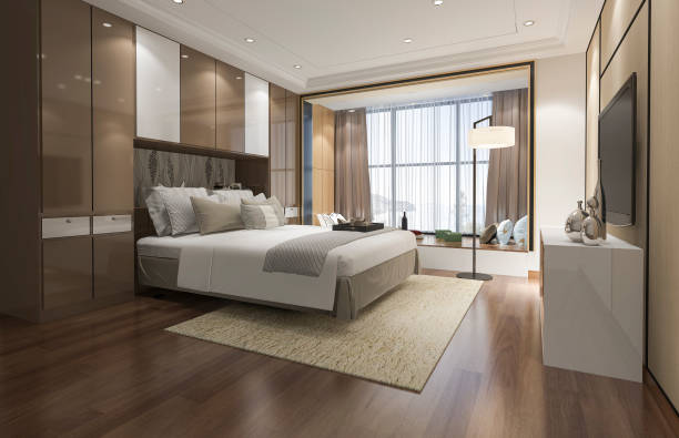 3d rendering luxury modern bedroom suite in hotel