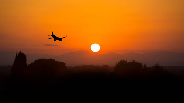 istock Silhouette airplane flying on the sky at sunset 972664646