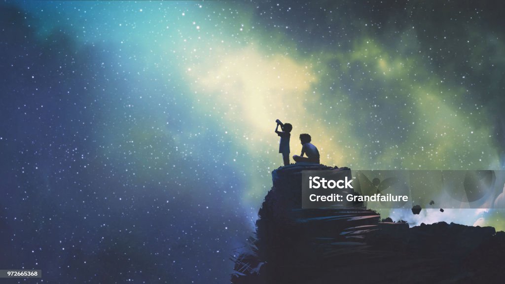 due fratelli guardando le stelle - Illustrazione stock royalty-free di Cielo