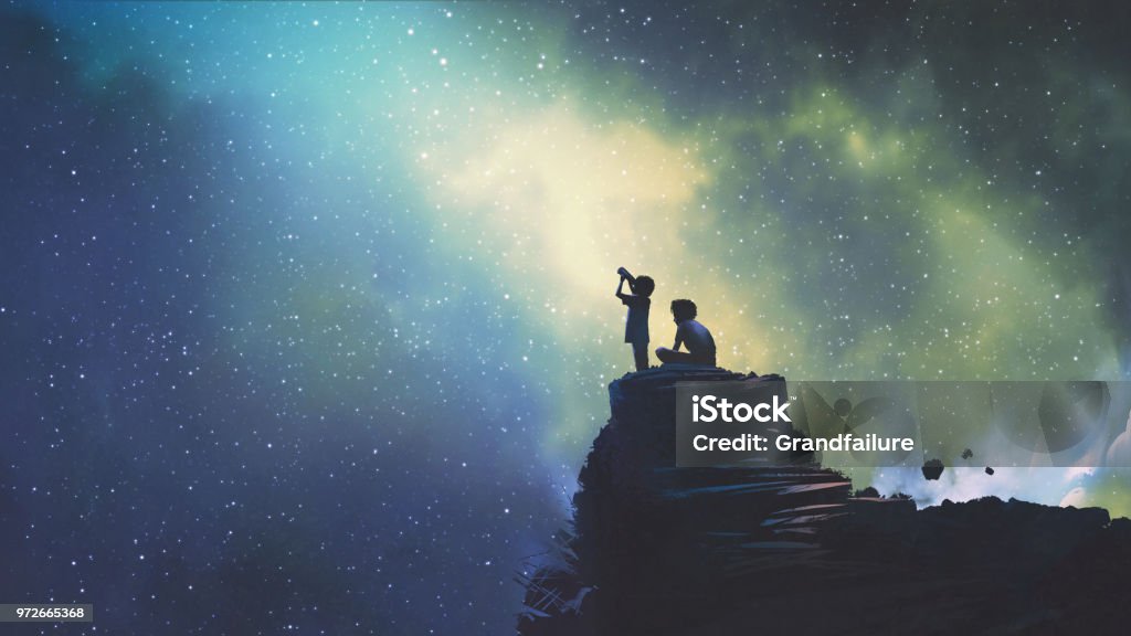 two brothers looking at stars night scene of two brothers outdoors, llittle boy looking through a telescope at stars in the sky, digital art style, illustration painting Child stock illustration