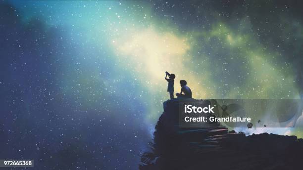 Two Brothers Looking At Stars Stock Illustration - Download Image Now - Child, Sky, Star - Space