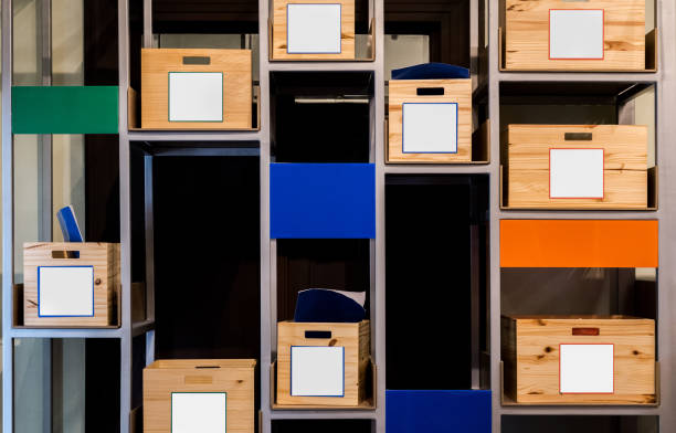 istock Wood boxes on shelves in Storage room 972674868
