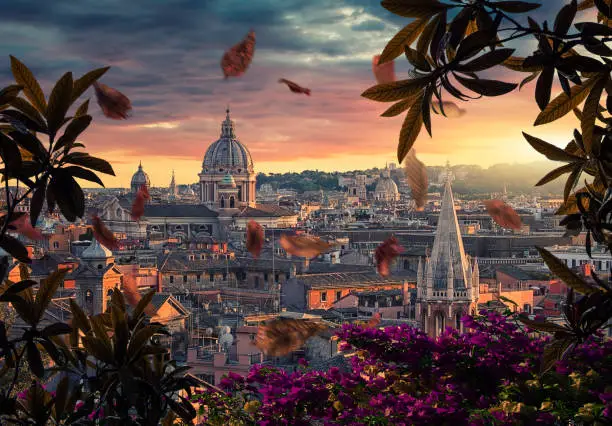 Beautiful sunset on the city of Rome in evening