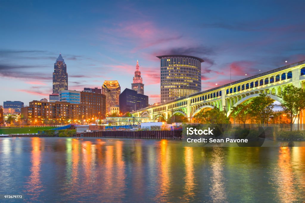 Cleveland, Ohio, USA Skyline Cleveland, Ohio, USA downtown city skyline on the Cuyahoga River at twilight. Cleveland - Ohio Stock Photo