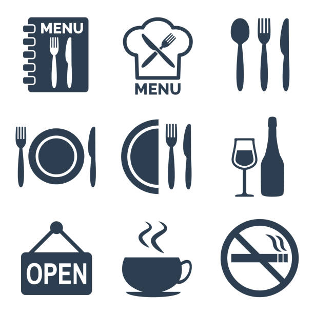 레스토랑 아이콘에 흰색 배경을 설정합니다. - food dinner restaurant silverware stock illustrations