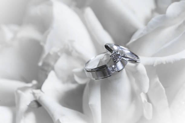 istock The couple's luxury wedding rings is placed on white rose petals. 972680498