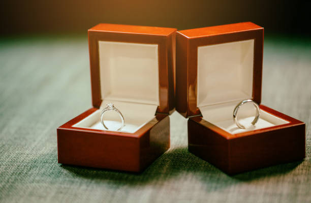 istock The couple's wedding rings are packed in two red boxes with luxury. 972687008