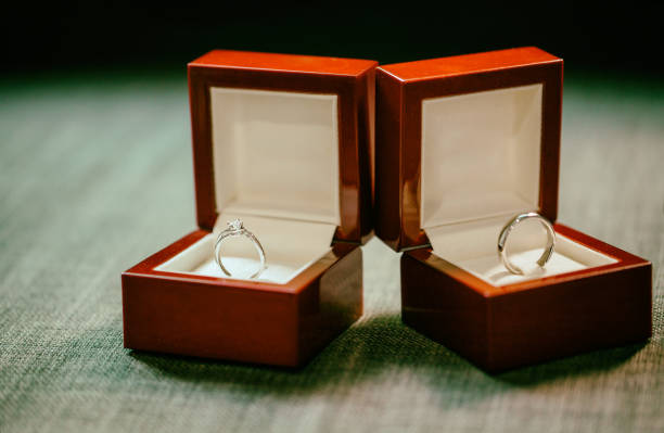 istock The couple's wedding rings are packed in two red boxes with luxury. 972687278