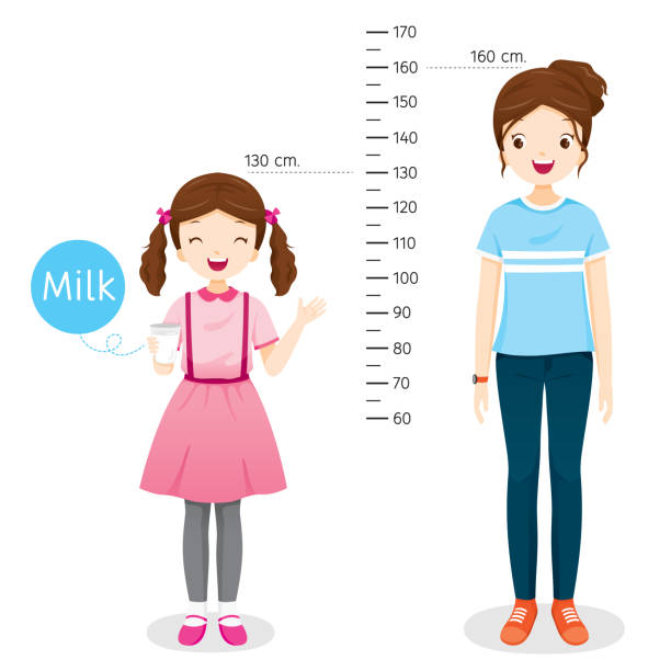 mädchen trinken milch für die gesundheit. milch macht sie größer. mädchen die höhe messen, mit frau. - tall human height women measuring stock-grafiken, -clipart, -cartoons und -symbole