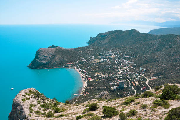 View from the top of the mountain on the coastline. stock photo