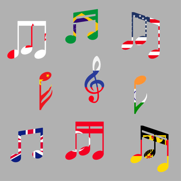 ilustraciones, imágenes clip art, dibujos animados e iconos de stock de notas de la música con banderas - fusa ilustraciones
