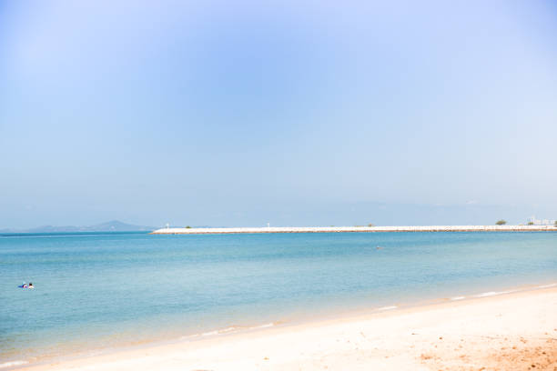 Blur abstract of beautiful tropical beach and mountain with landscape. Blank empty space. Background concept.