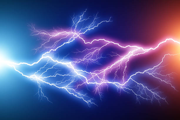 scarica elettrica ad arco di fulmine blu e rosso - high voltage sign flash foto e immagini stock
